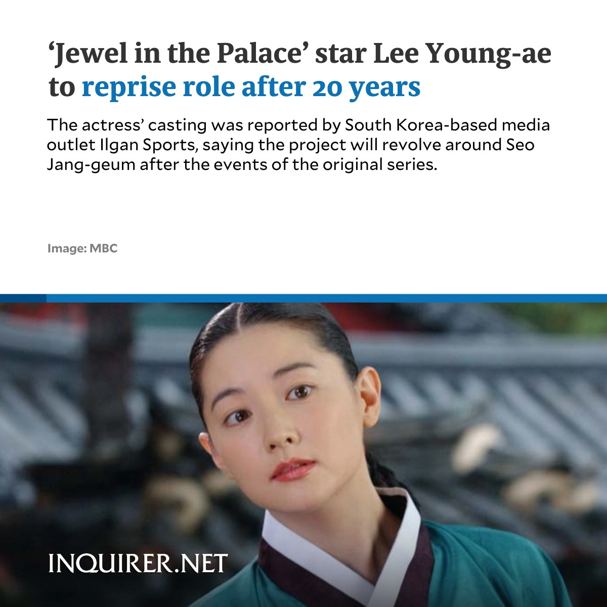 inquirerdotnet's tweet photo. More than 20 years after captivating viewers as Jang-geum, Lee Young-ae will reprise her beloved role in an upcoming historical series which is said to be a continuation of “Jewel in the Palace’s” storyline.
 
READ MORE: https://t.co/5GtU3CZZzL https://t.co/zbUzysPKOJ