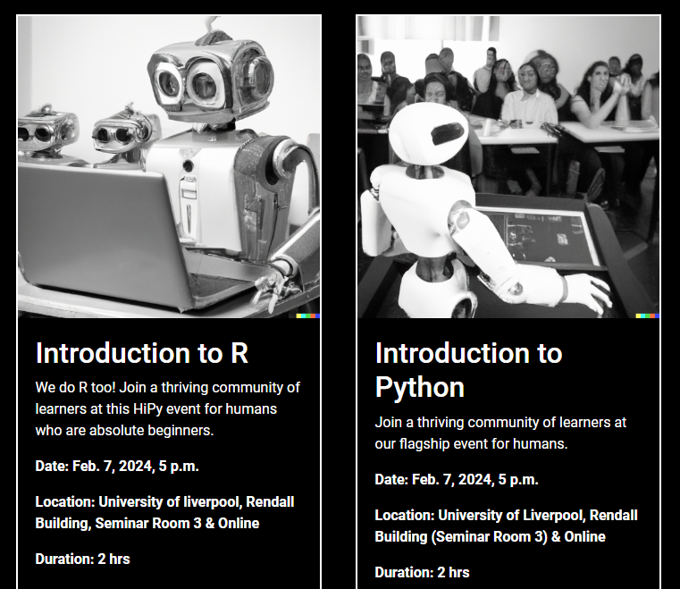 hipyliv's tweet photo. Following assimilation by benevolent AI overlords, #HiPy is receiving a record number of registrations for our upcoming events.

If you couldn't register for any of our in-person events then don't worry. You can still attend online.

https://t.co/aVfquVeCwO

#Python #R @LivUni https://t.co/fuiNhLFaZ0