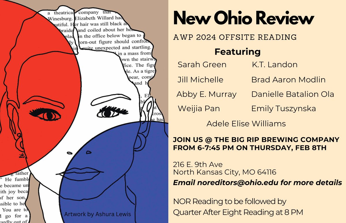 Don't forget: NOR will be at AWP. 6-8 PM (@qaejournal will read from 8-10) Thursday, February 8th The Big Rip Brewing Company 216 E 9th Ave North Kansas City, MO 64116 We hope to see you there!