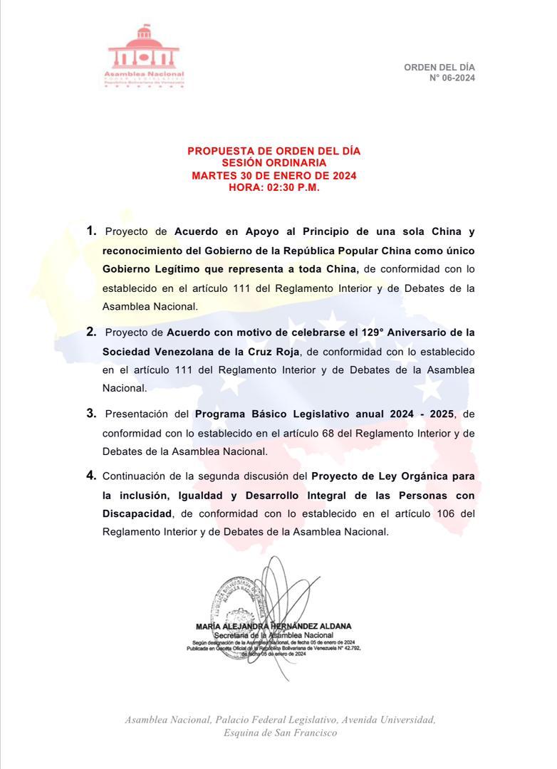 Asamblea_Ven's tweet photo. 🏛 | PROPUESTA DE ORDEN DEL DÍA 
Martes  #30Ene  02:30 pm
#AsambleaNacional 🇻🇪
#SesiónOrdinaria https://t.co/m1LUGeDeIN