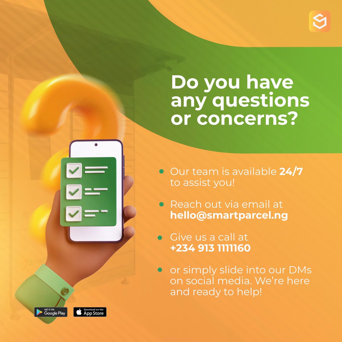 Do you have any questions or concerns? We are always here for you, 24/7.

Reach out anytime via email, give us a call, or send a DM on social media.

Customer  satisfaction is our priority! 

#CustomerSupport #SmartLocker #SmartParcel #AlwaysHereForYou #ContactUs #CustomerService