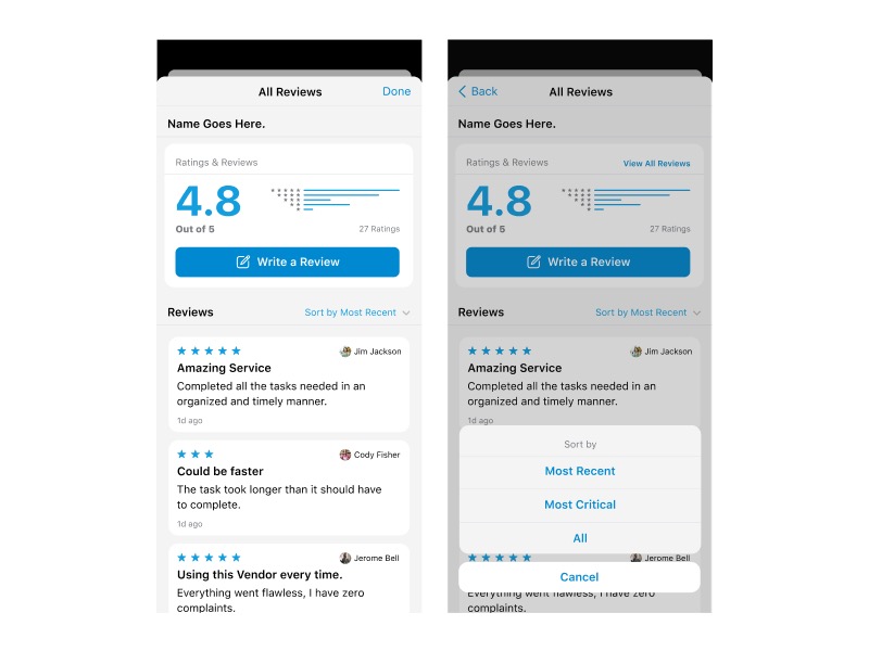 ajpicard928's tweet image. Yesterday I created a couple of concept designs for reviewing a Vendor (or anything) inside an app. 
Got inspiration from Apples App Store Review design.
#iosdesign