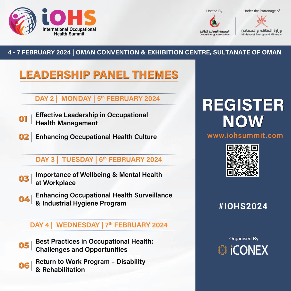 iohsummit's tweet image. Leadership that inspires change! Join us at #IOHS2024 for the Leadership Panel, where themes of innovation and impact take center stage. Be part of the movement!

Book Your Delegate Pass at iohsummit.com/conference-cha…

#IOHS2024 #leadershippanel #OccupationalHealth #Oman
