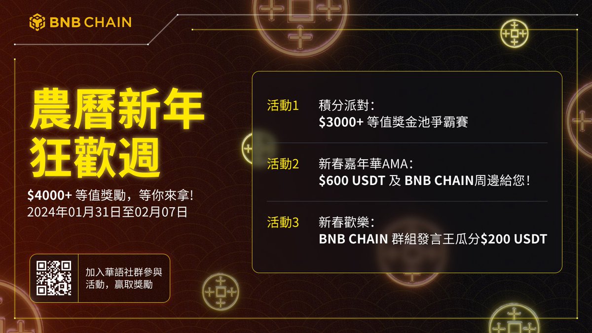 🌟 活動3: 新春歡樂 - BNB Chain 群組發言王

在電報群積極發言，成為發言王，有機會瓜分$200 USDT獎勵！💰 

加入BNB Chain 華語社群👉 t.me/BNBChainZH

新年慶典不容錯過！加入我們，一同享受歡樂，迎接新的一年！🎊#BNBChain農曆新年