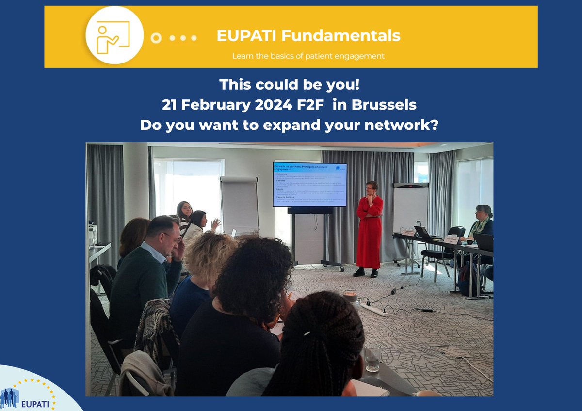 eupatients's tweet photo. Due to popular demand we are running our interactive F2F #EUPATI #Fundamentals in Brussels/21 Feb🎯
Gain a better understanding of the value & importance of working with #patients in a meaningful co-creation process💯
✏️ https://t.co/IR844Tsoj2
#RegisterToday #InPersonTraining https://t.co/GagfJ1OuZM