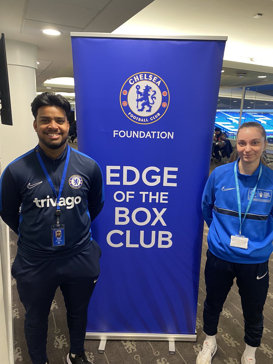 Level 5 student Dominika and graduate Anand are at Stamford Bridge today supporting @CFCFoundation’s Edge of the Box Club event 👏🔵