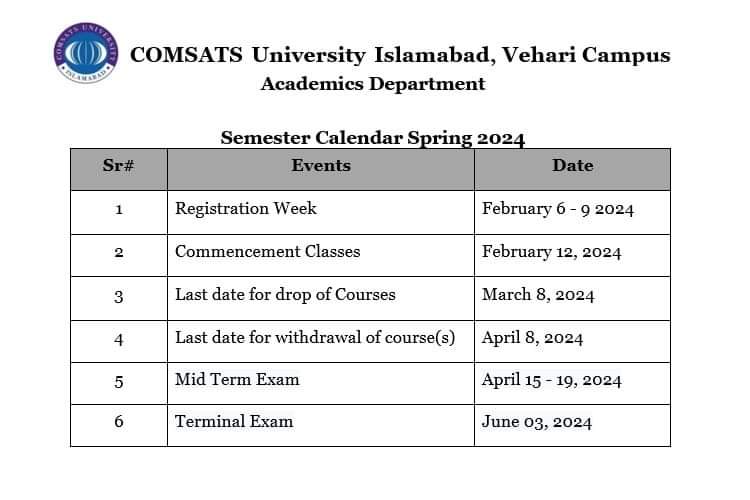 CUMathVhr's tweet photo. Semester calendar spring 24 , COMSATS University Islamabad Vehari Campus #calender #semester #cu_vhr https://t.co/F887YfjuTy