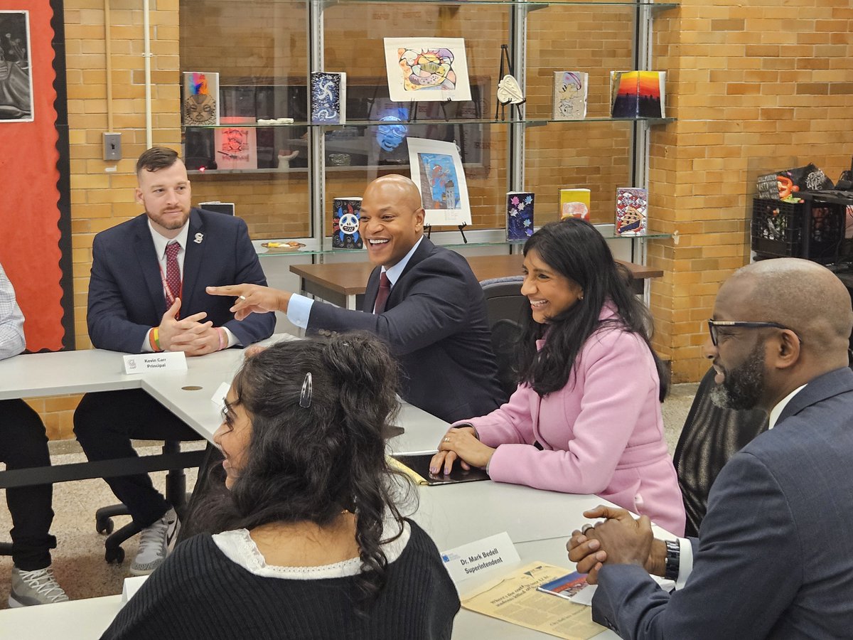 AACPSSupt's tweet photo. Thanks to @GovWesMoore and @LtGovMiller for spending time with our amazing students at @GBHSaacps yesterday to talk about the critical issue of community gun violence. As the Governor said, our students truly are extraordinary! #AACPSFamily #BelongGrowSucceed https://t.co/OlKYXnAGRX