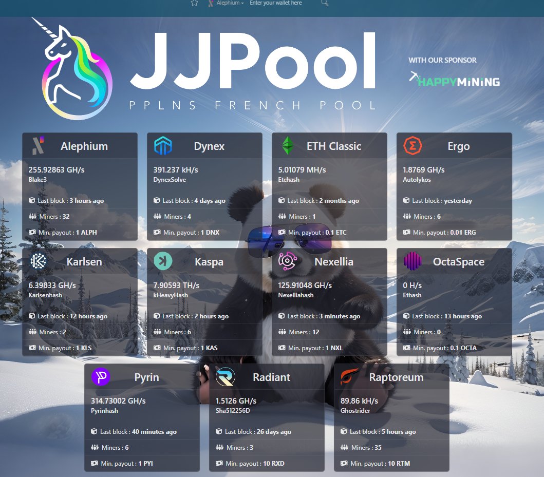 Bonjour à tous grosse news sur la JJPOOL.

Vous avez le choix entre #alephium #dynex #ETHClassic #Ergo #karlsen #kaspa #nexellia #octaSpace #pyrin #radian #raptoreum

Un pool française made in <a href="/jeanjeanbricole/">Jeanjeanlabricole (New Solana lover) xNFT🎒</a> 

Vous pouvez rejoindre la communautée.

jjpool.fr