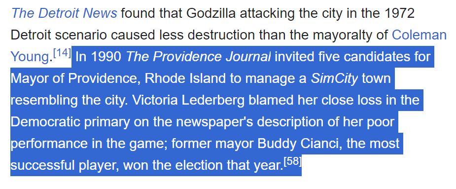 inviting political candidates to play a city management video game and writing up who performed best during an election campaign is v v cool -- this from the SimCity (1989) wiki