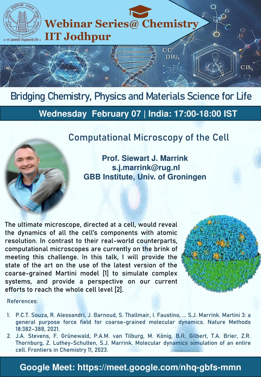 Mark your calendars! Stewart J. Marrink is set to captivate audiences on Feb 7 with a talk that delves deep into Computational Microscopy of the Cell. Please join us for the talk!
Google Meet Link: meet.google.com/nhq-gbfs-mmn