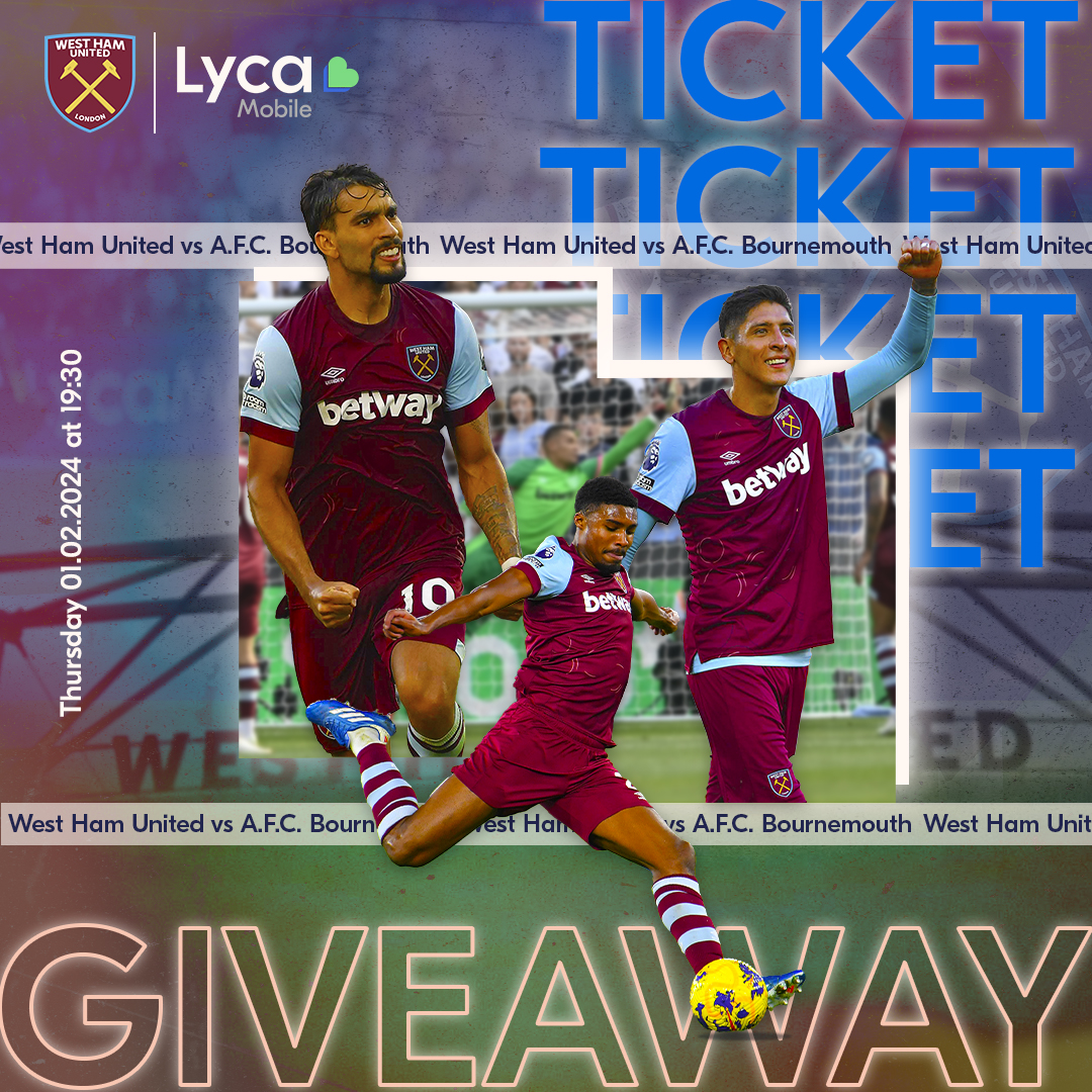 🚨Ticket Giveaways 🚨 Here's your chance to get a pair of tickets to watch @WestHamUnited vs #afcbournemouth on Thursday 01 February at 19:30 ⚽️ All you have to do is like, follow, retweet, and tag your +1 in the comments. The giveaway ends on Wednesday 31 January at 12:00 🤞