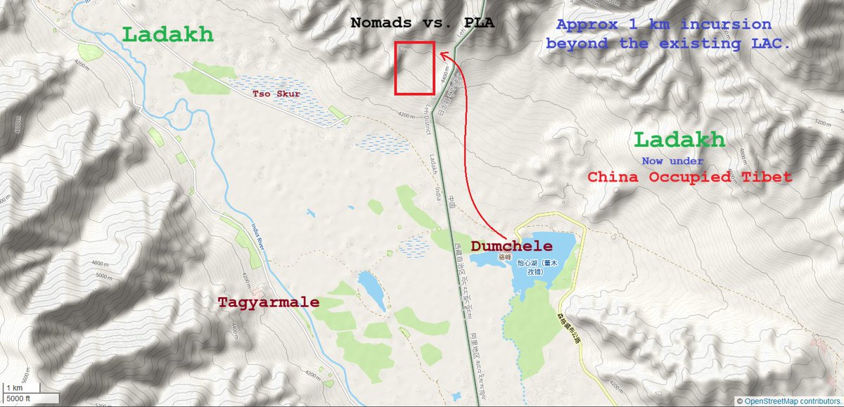 Video geolocated near LAC @ 33.1189°, 79.1415°. This time 🇨🇳 PLA bullied nomads some 1 km inside 🇮🇳 administered area. Interesting that they crossed their own claim line too! I remember, in Qi Fabao vs. ITBP officer video, our folks were inside their administered Ladakhi area