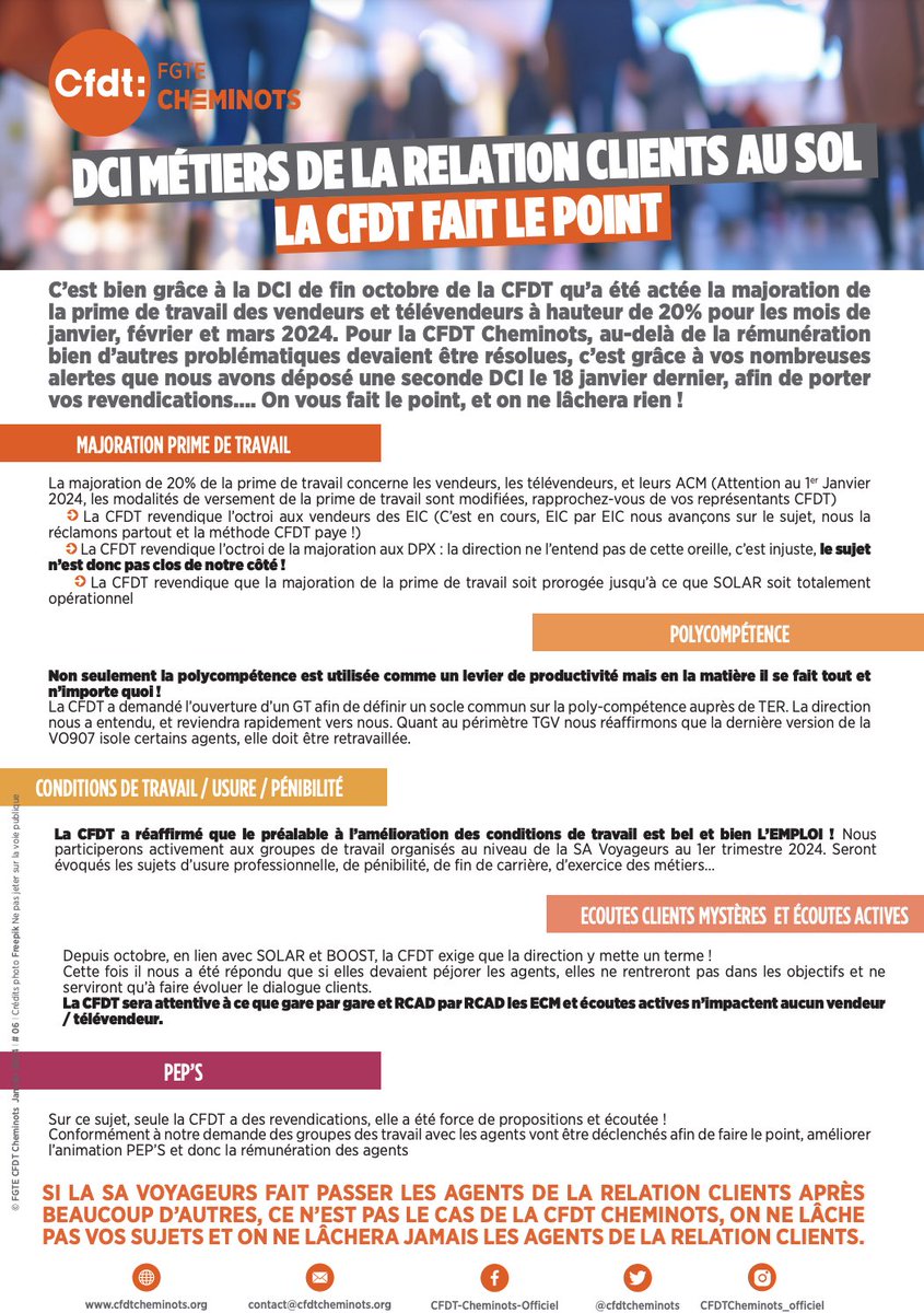 cfdtcheminots's tweet photo. E-TRACT || DCI métiers de la relation clients au SOL, la CFDT fait le point !

🔗 https://t.co/yp91sLlIrK
#DCI #ASCT #relationclients #primedetravail #conditions #QVT #polycompetences #SAvoyageurs https://t.co/l46epHvhxQ