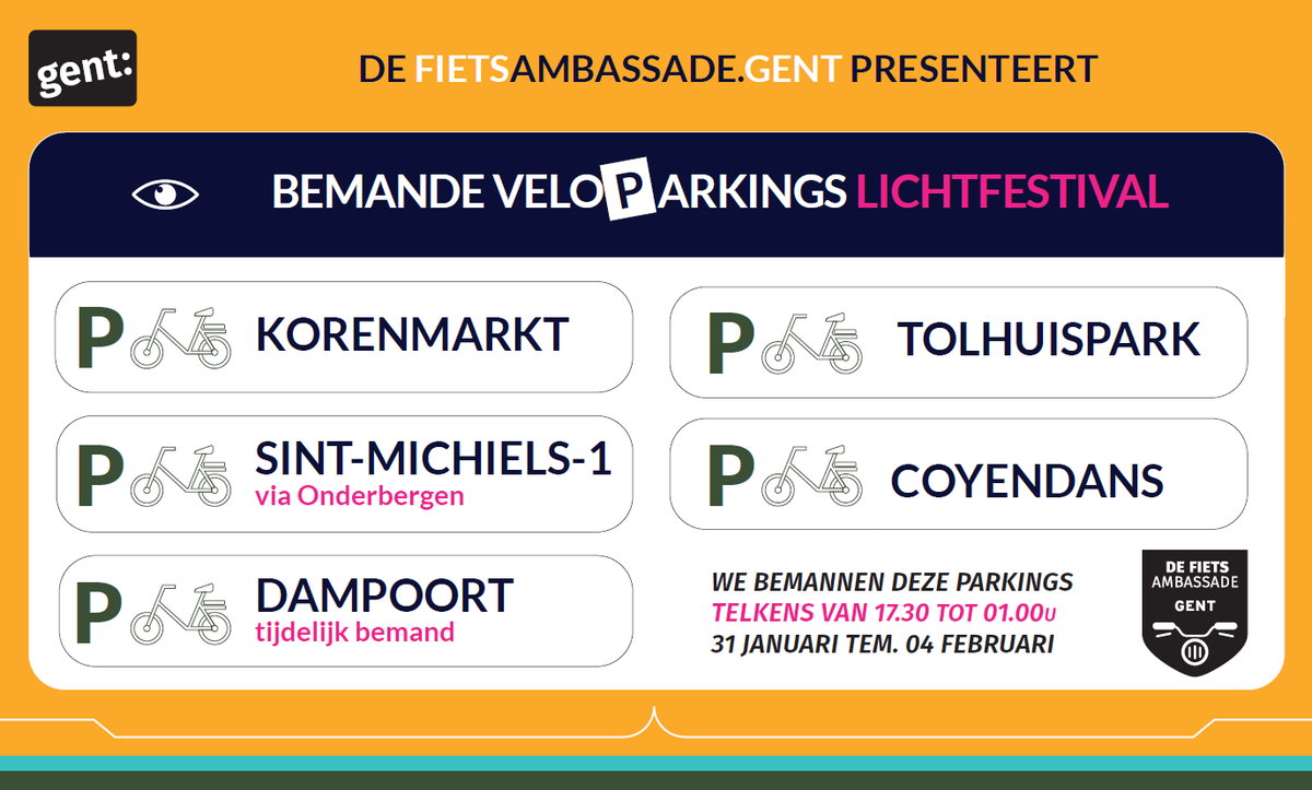 DeFietsambGent's tweet photo. Voor het Gentse Lichtfestival zorgen we dit jaar voor maar liefst 5 bemande veloparkings.
🚲 Eerdere edities toonden de populariteit, veiligheid en efficiëntie al aan
🕐 Bemand door stewards van 17u30 tot 1u
📍 Op strategisch gekozen locaties https://t.co/ATKcB2Mius