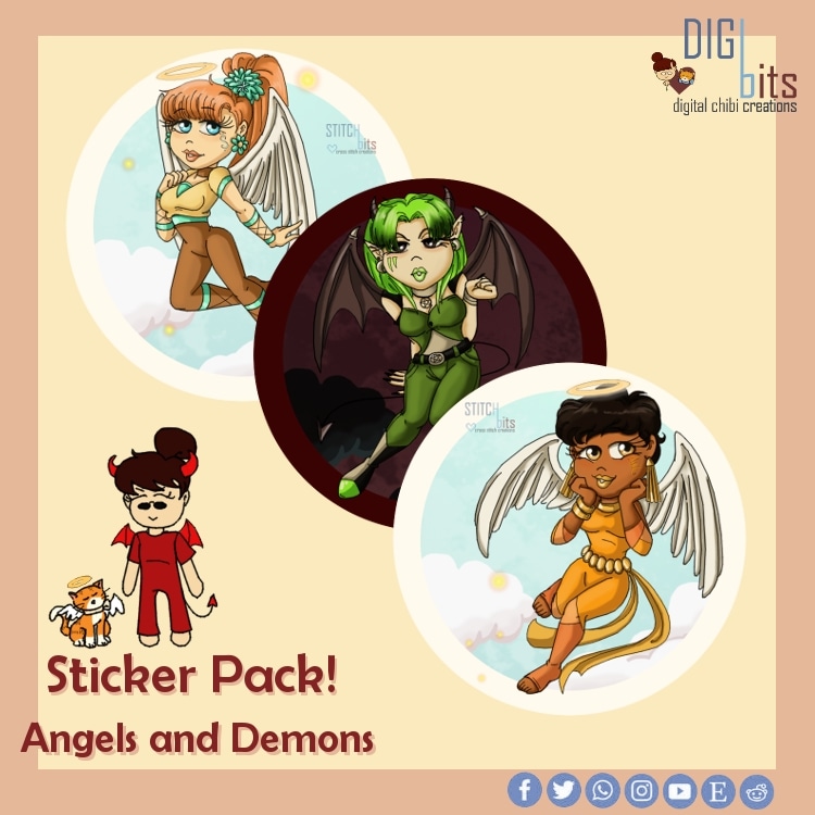 StitchBits_Miss's tweet photo. New Sticker Pack available on RedBubble! The Angels and Demons Set!

A redraw of an old set of adopts I had up years ago! They make for much cuter stickers 😁

#stitchbits #redbubble #forsale #art #artistsontwitter #chibis #cute #stickers #gifts #onlineshop #digitalshop #kawaii https://t.co/mqjyv9FO81