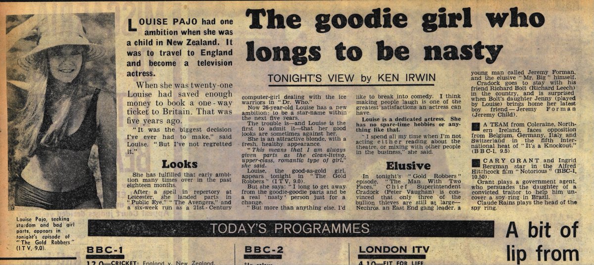 Doctors_Beard's tweet image. August 22, 1969 - Daily Mirror - A look at Louise Pajo who played Miss Kelly on last season's "The Seeds of Death".
#throwbackthursday #TheSeedsofDeath #LouisePajo #MissKelly #1969