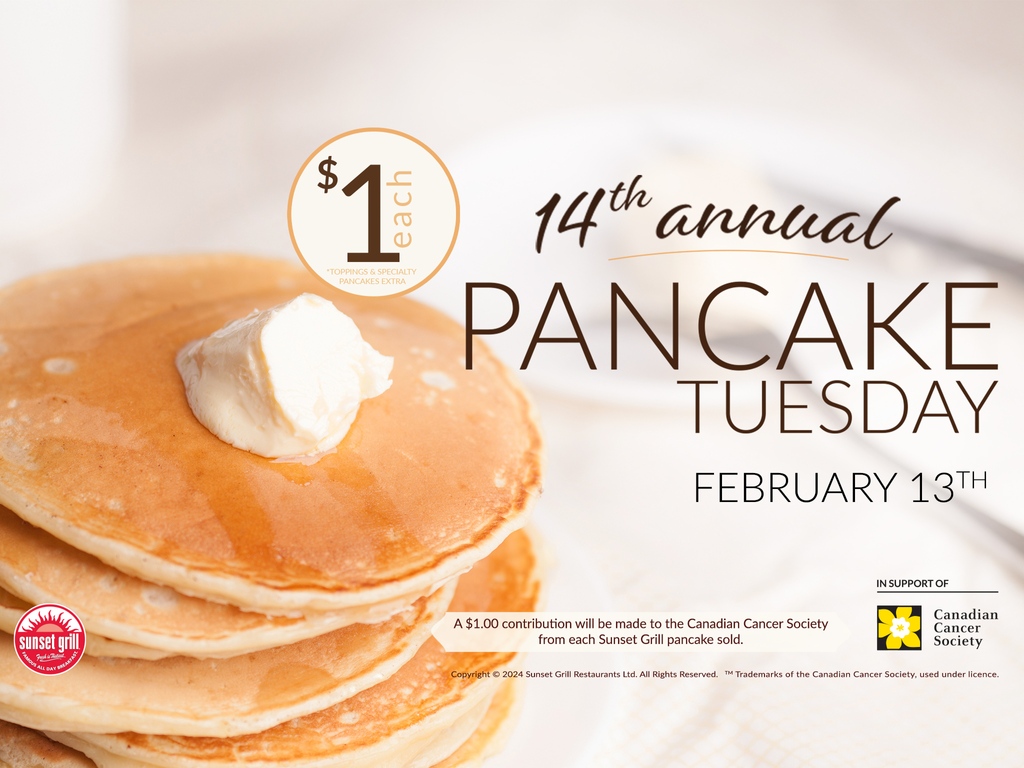 Sunset Grill (@sunsetgrillca) on Twitter photo Stack up your plate for a cause! 🥞
Enjoy $1* pancakes in support of the Canadian Cancer Society on February 13th!🎗 
Join us at Sunset Grill franchised locations across Canada for our 14th Annual Pancake Tuesday Fundraiser!
#SunsetGrillPancakeTuesday
*Regular pancakes only. Stack up your plate for a cause! 🥞
Enjoy $1* pancakes in support of the Canadian Cancer Society on February 13th!🎗 
Join us at Sunset Grill franchised locations across Canada for our 14th Annual Pancake Tuesday Fundraiser!
#SunsetGrillPancakeTuesday
*Regular pancakes only.