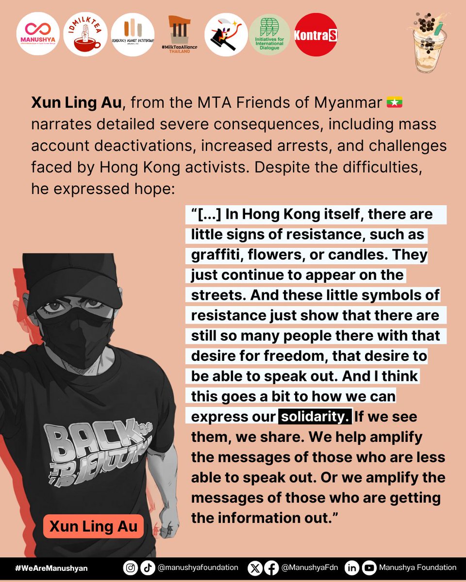 ManushyaFdn's tweet photo. During the conversation, @XunlingAu from @mtealliance shared the dramatic consequences of digital rights breakdowns faced by Hong Kong activists, reminding us of the importance of regional solidarity 📵📢

#DigitalDictatorship #FriendsOfMyanmar https://t.co/kRGOhfrdhj