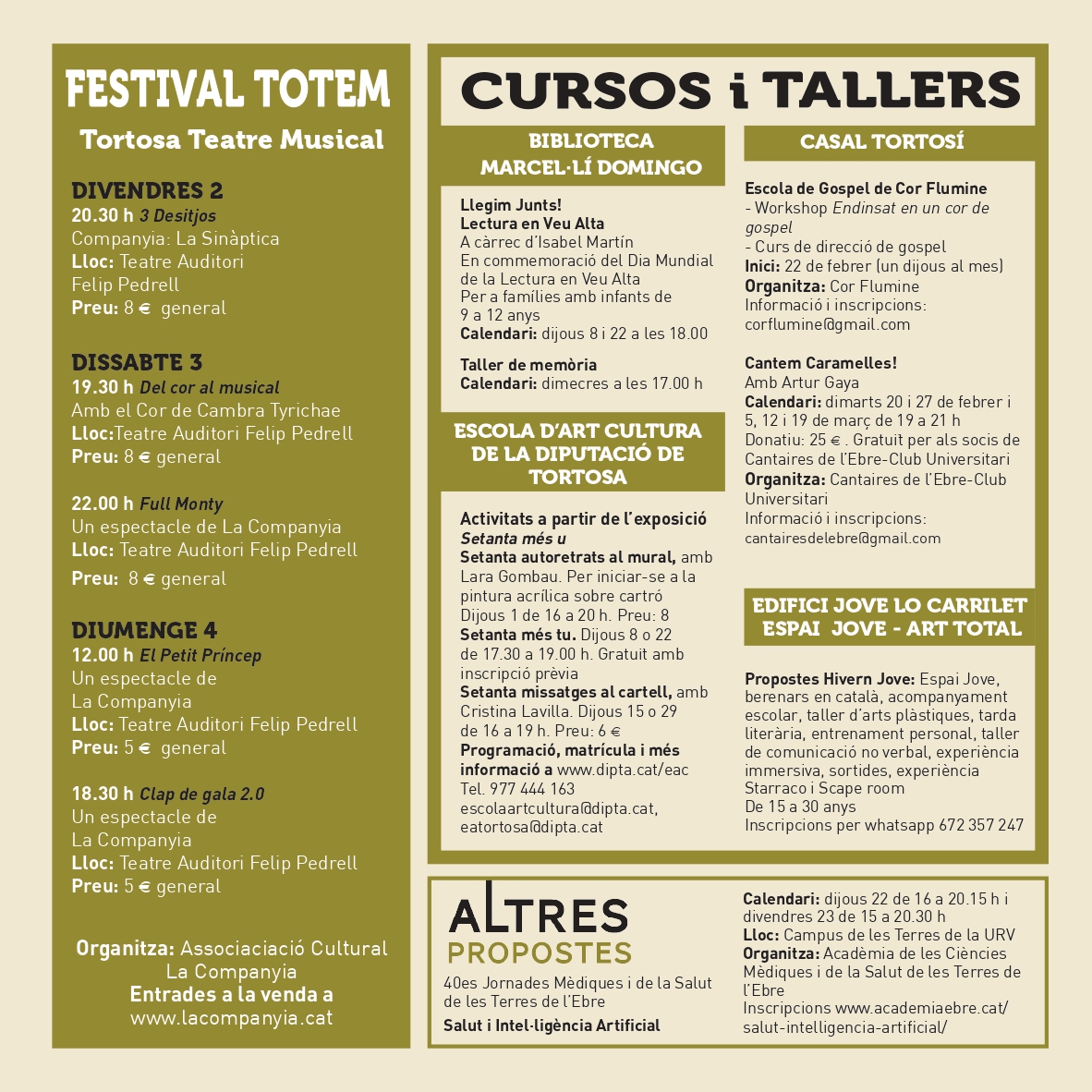 A #Tortosa ja tenim a punt les propostes culturals per al febrer. Consulta-les a: shorturl.at/gjAFI @Tortosa @radiotortosa @tortosaturisme @TeatreTortosa @MuseudeTortosa