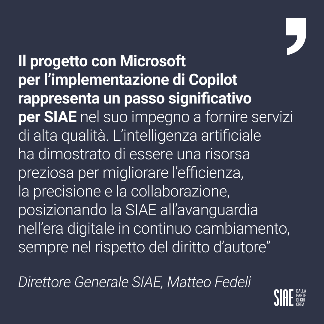 SIAE sperimenta #Copilot di <a href="/microsoftitalia/">Microsoft Italia</a> per semplificare e ottimizzare il lavoro di dipendenti e dirigenti per mezzo dell’utilizzo dell’ #AI

#IA #siae #dallapartedichicrea