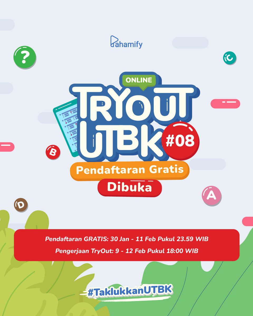 pahamify's tweet image. 🎊TO GRATIS: Pendaftaran TO UTBK 2024 #08 Gratis DIBUKA!🎊

📆Pendaftaran: 30 Jan-11 Feb'24
✏️Pengerjaan: 9-12 Feb'24

🥇TO PALING UPDATE mengikuti kisi-kisi Kemdikbud BP3 7 SUBTES.
⭐Udah ada tipe soal isian singkat loh!

Cara daftar GRATIS di sini ⬇️