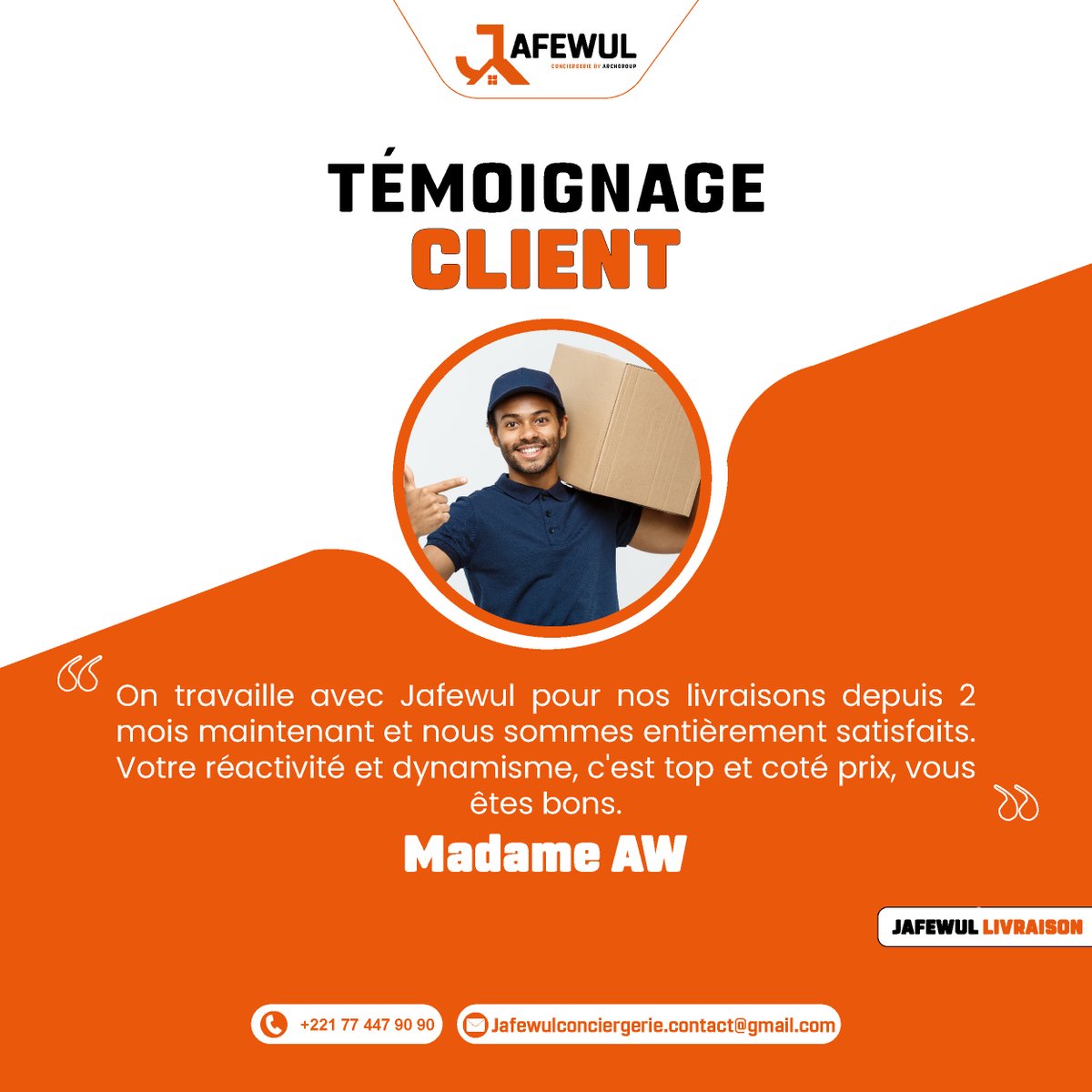 jafe_wul's tweet photo. La satisfaction de nos clients est notre priorité absolue. 
Merci à Madame AW d'avoir partagé son témoignage!
Nous sommes ravis d'avoir pu contribuer à rendre son expérience avec Jafewul agréable.
#Jafewul #archgroup #TémoignageClient #SatisfactionClient #dakar #sénégal https://t.co/P3VnqQabhn