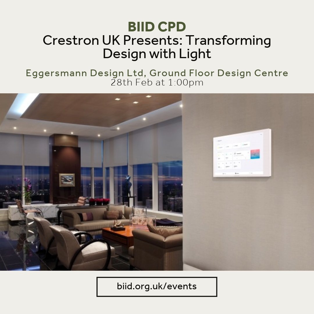 .@CrestronUK is presenting an exciting CPD at Eggersmann Design Ltd. Gain tips and tricks for using lighting control and motorised window treatments in homes. Learn how lighting controls can empower designs to meet your client's needs. Register biid.org.uk/events/crestro…