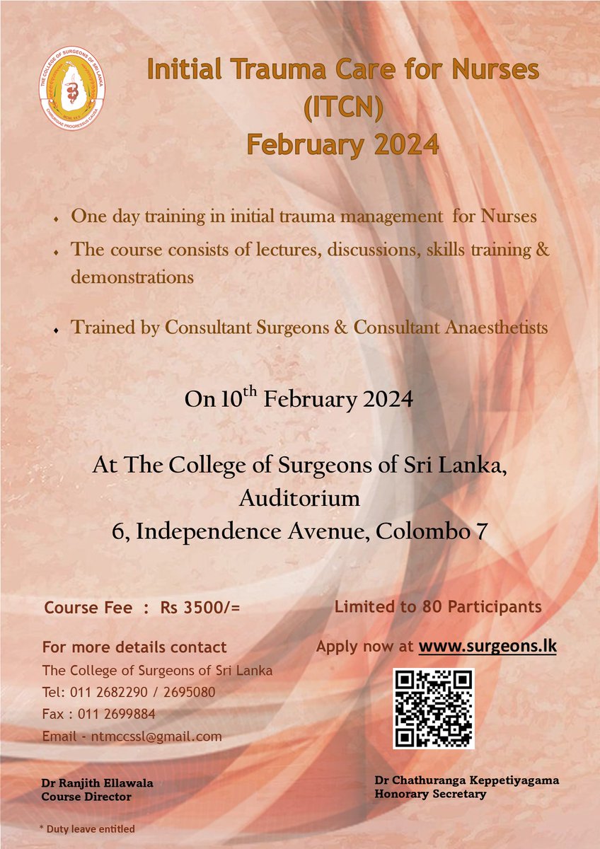 Initial Trauma Care For Nurses (ITCN) - February 2024 For Registration: payment.surgeons.lk