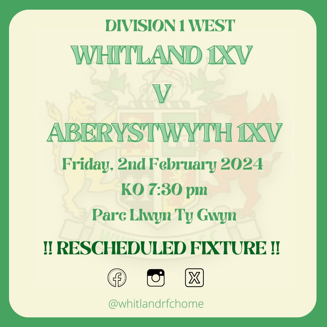 🟢 WHITLAND 1XV 🟢

This weekend sees our 1XV’s playing on Friday Night V <a href="/AberRFC/">Aberystwyth RFC</a> 

A rearranged fixture! 

📍 - Parc Llwyn Ty Gwyn 

📆 - Friday, 2nd February 

⏰ - KO 7:30pm 

👏🏼 Let’s get behind the boys, show your support 👏🏼