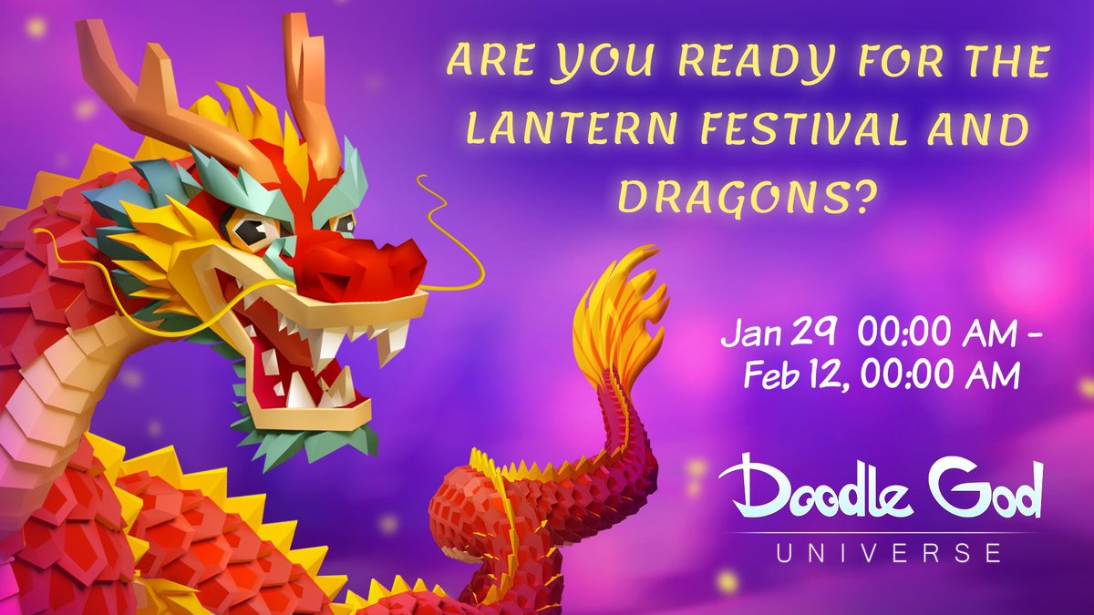 ✨ Are you ready for the Lantern Festival and Dragons?

 ⭐ New Doodle God Universe 1.22 Update on Apple Arcade is already out! 

📅 Event Dates: January 29 - February 12 

👇 Download the latest update from the store!
apps.apple.com/us/app/doodle-…

#AppleArcade #puzzle #ChineseNewYear