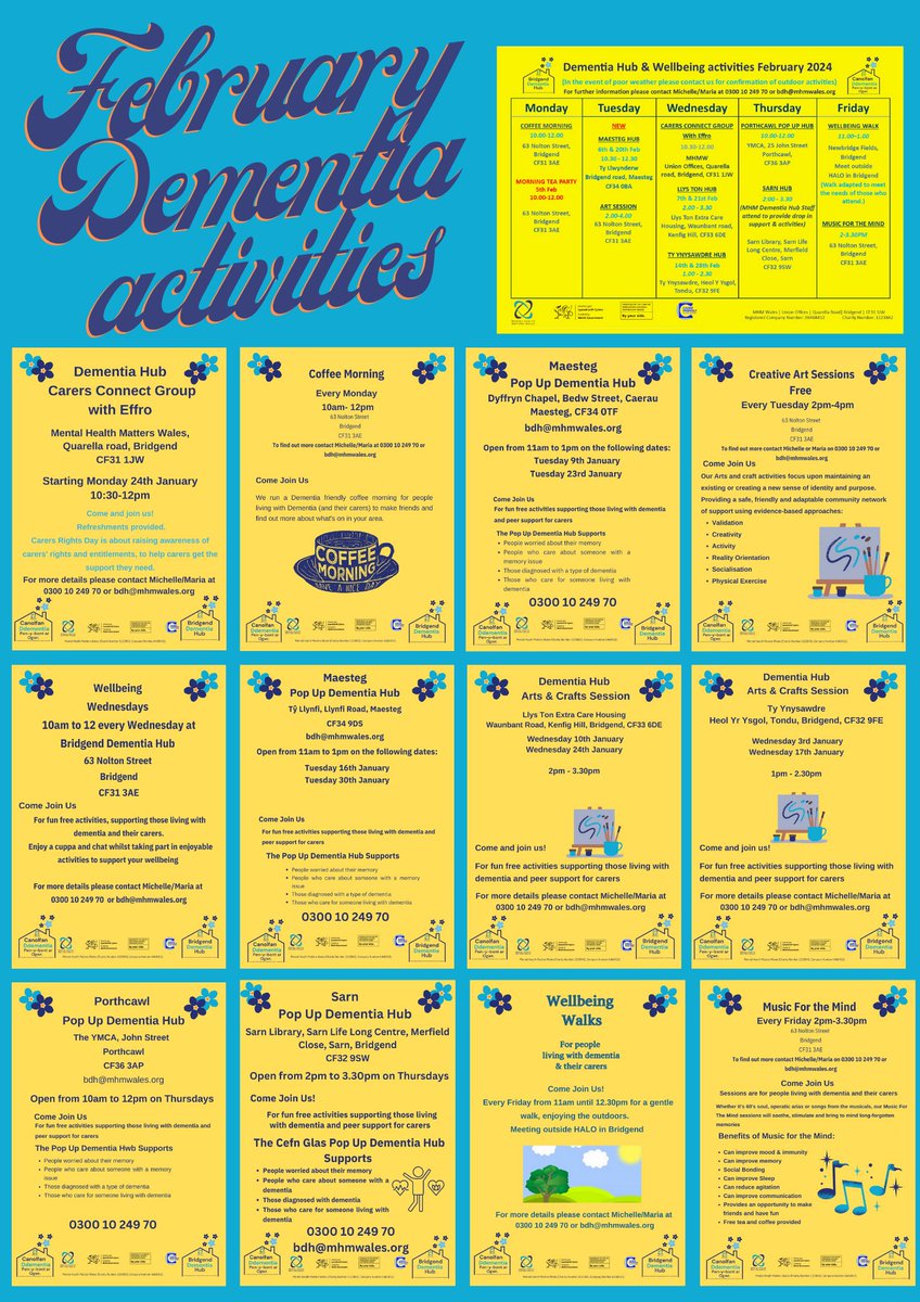 Our #February #Dementia Hub offering is available to view. Please contact Michelle or Maria by emailing bdh@mhmwales.org for more information.

#dementiaservices
#bridgend
#wearebdh