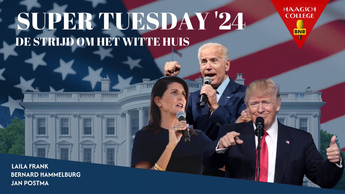 Neemt Trump het op tegen Biden? Of zorgt Haley voor een verrassing? Veel hangt af van Super Tuesday

Kom op 5-3 naar <a href="/nieuwspoort/">Nieuwspoort</a> waar @Frankiegoeswest B. Hammelburg &amp; vanuit de VS  <a href="/JanPostmaUSA/">Jan Postma</a> je bijpraten over de Strijd om het Witte Huis

👉 haagschcollege.nl/college/supert… Ism <a href="/BNR/">BNR Nieuwsradio</a>