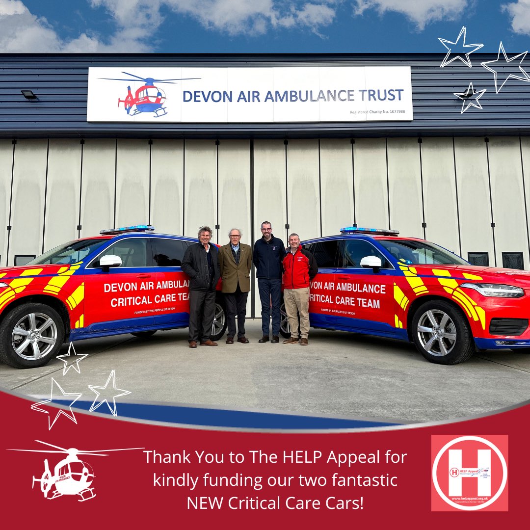 DevonAirAmb's tweet photo. We are excited to unveil our two new Critical Care Cars kindly funded by 
the HELP Appeal. 
The new cars will be joining the two Critical Care Cars already in operation, increasing our capacity to treat more people across Devon and beyond.

Read more here: https://t.co/XsY9CLbFqd https://t.co/rXtx7SHvWN