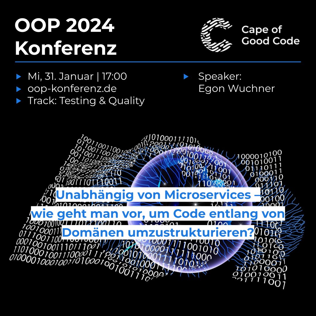Cape of Good Code (@capeofgoodcode1) on Twitter photo Trefft uns am 31. Januar um 17:00 auf der
<a href="/oop_conference/">OOP Konferenz</a> 2024 zu unserem Talk:
Unabhängig von Microservices – wie geht man vor, um Code entlang von Domänen umzustrukturieren?
Link zur Session: oop-konferenz.de/oop-2024/progr…
#OOP2024 #softwarearchitektur Trefft uns am 31. Januar um 17:00 auf der
<a href="/oop_conference/">OOP Konferenz</a> 2024 zu unserem Talk:
Unabhängig von Microservices – wie geht man vor, um Code entlang von Domänen umzustrukturieren?
Link zur Session: oop-konferenz.de/oop-2024/progr…
#OOP2024 #softwarearchitektur
