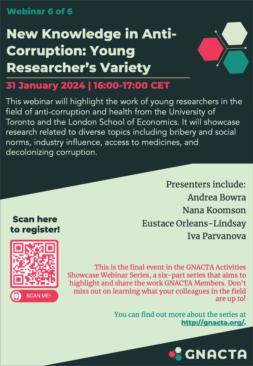 GNACTA (@gnacta4health) on Twitter photo DON'T MISS IT! The 6th #GNACTA webinar will be held *TOMORROW* (31 Jan; 16:00-17:00 CET) on new research from <a href="/UofT/">University of Toronto</a> & <a href="/LSEHealthPolicy/">LSE Health Policy</a> on #socialnorms in #bribery, influence of #pharma, #accesstomedicines and #decolonizing #corruption. Register here: shorturl.at/fiqxW DON'T MISS IT! The 6th #GNACTA webinar will be held *TOMORROW* (31 Jan; 16:00-17:00 CET) on new research from <a href="/UofT/">University of Toronto</a> & <a href="/LSEHealthPolicy/">LSE Health Policy</a> on #socialnorms in #bribery, influence of #pharma, #accesstomedicines and #decolonizing #corruption. Register here: shorturl.at/fiqxW