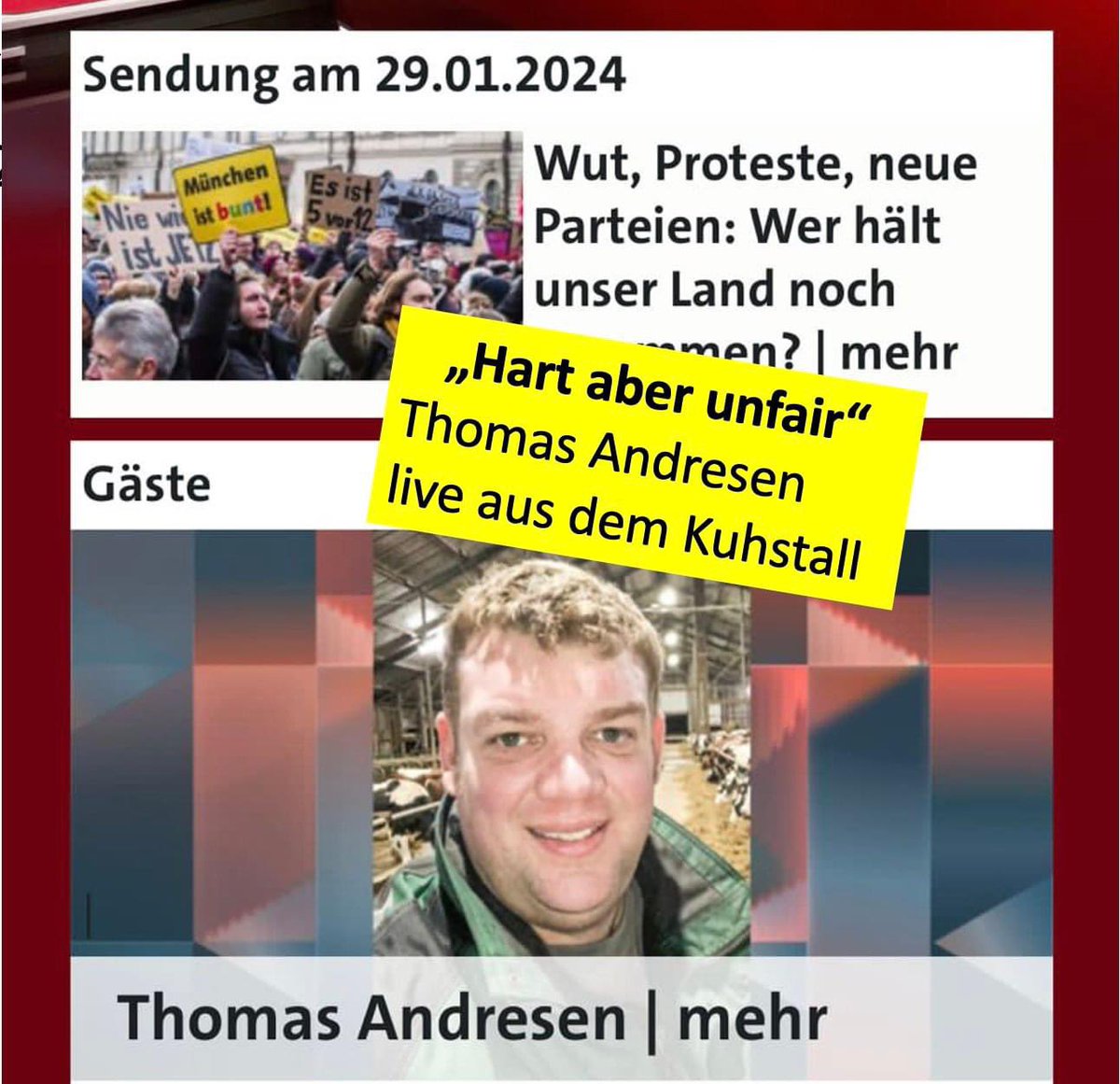 ShBauern's tweet photo. Milchviehhalter und Agrarblogger Thomas Andresen war erst bei der Sendung "Hart aber fair" eingeladen, wurde dann aber kurzfristig wieder ausgeladen. Jetzt hat er seine eigene Sendung im Kuhstall gemacht.  

https://t.co/R45fpW1ZM3

@hartaberfair @thomas_barslund https://t.co/QZycGBnImd