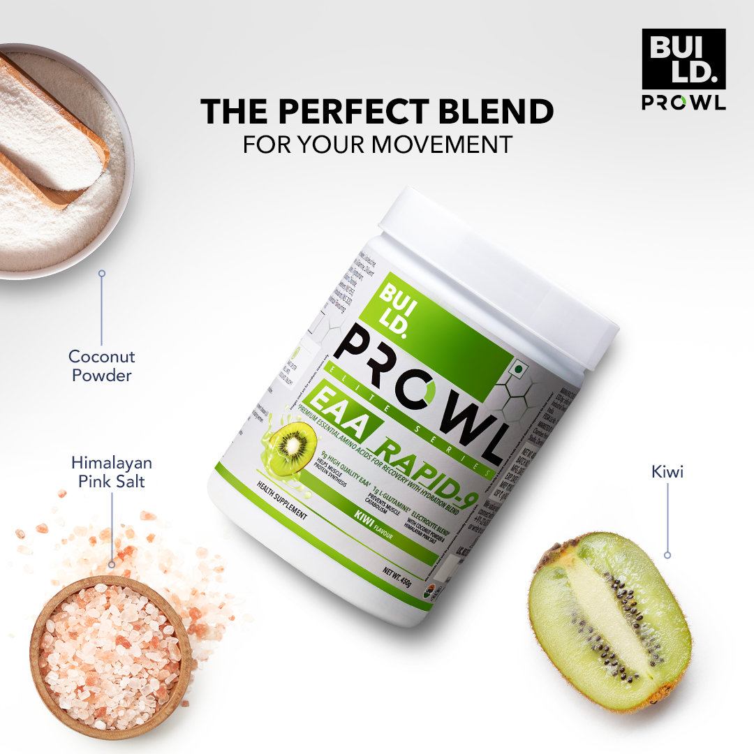 BUILD. PROWL EAA RAPID-9 with electrolyte blend of coconut powder & Himalayan pink salt to keep you hydrated and avoid muscle fatigue. #BUILD #PROWL #BuildProwl #EliteSeries #EAARapid9 #EAA #EssentialAminoAcids #MuscleRecovery #Rehydration