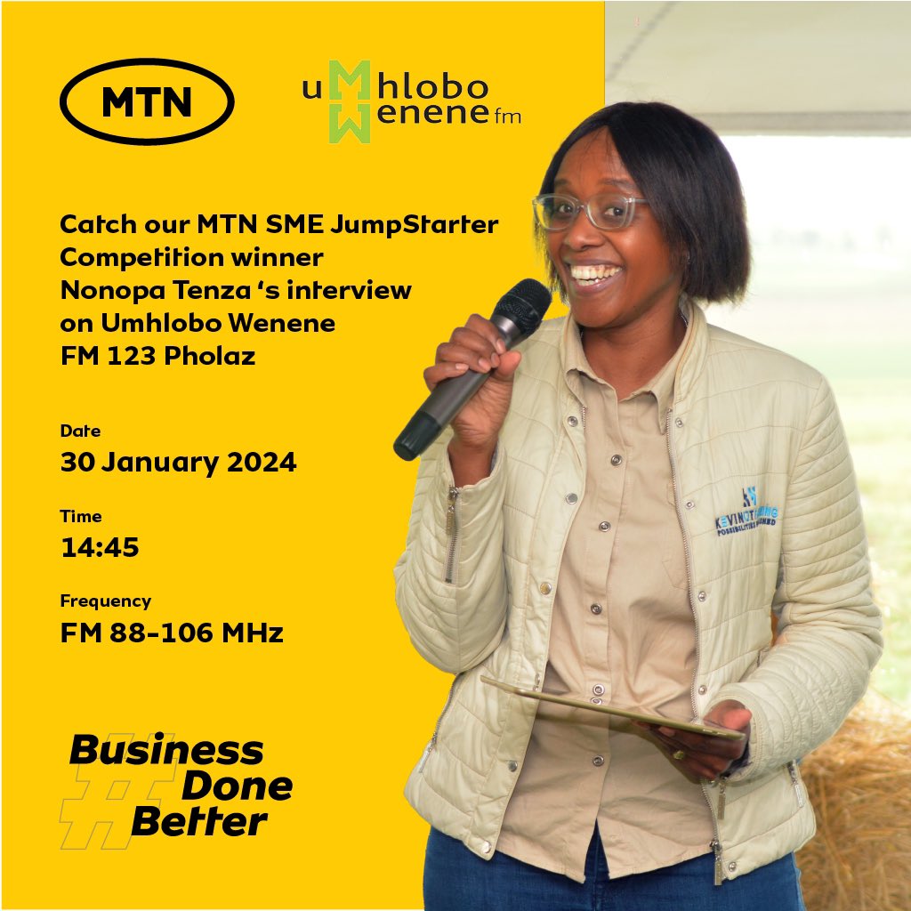 MTNBusinessZA's tweet photo. In 2023, MTN Business announced @KevinotFarming as the distinguished winner of the MTN SME JumpStarter campaign. Today, Nonopa Tenza will be on @UWFM88_106FM to talk about what winning the competition has meant for their business. Don’t miss it! #BusinessDoneBetter https://t.co/WwKULyAg9p