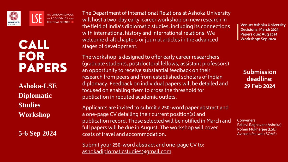 If you are a PhD student, postdoc, or asst prof working on India's diplomatic studies, esp via the disciplines of international history or international relations, please apply to the Ashoka-LSE Diplomatic Studies Workshop & share this call widely. More: ashoka.edu.in/event/ashoka-d…