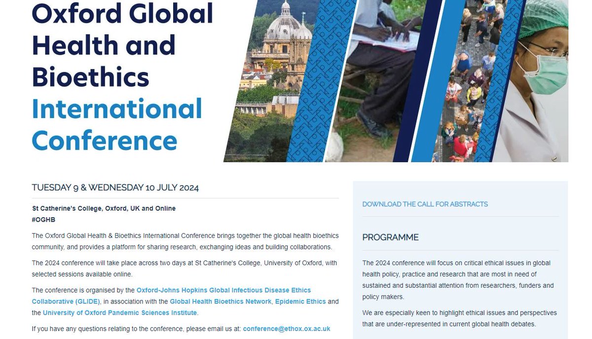 📢Last call for abstracts for the 2024 Oxford #Global #Health & Bioethics International Conference – deadline 5 Feb! #OGHB Join us in July to share your research & build collaborations 👇 oxjhubioethics.org/conference @bermaninstitute @Ethox_Centre @GHBNet @EpidemicsEthics @OEH_Oxford
