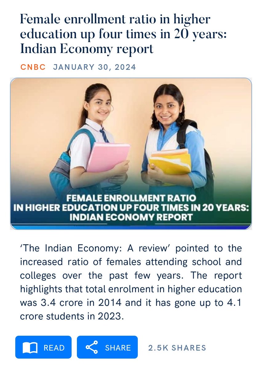Female enrollment ratio in higher education up four times in 20 years: Indian Economy report
cnbctv18.com/education/fema…

via NaMo App