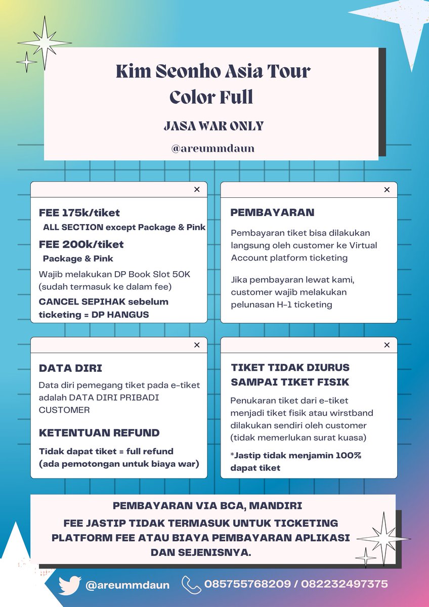 OPEN JASTIP Jasa War Kim Seonho <Color Full> in Jakarta
 
Presale* &amp; Gensale

▪︎Fee 175k-200k/tix
▪︎Trusted 100% (testi 📌)
▪︎Pakai Data Diri Customer

*Member MCP pakai milik customer

Booking/questions? WA nomor di bio!

#KimSeonHo #ColorFull_in_JKT tag wts