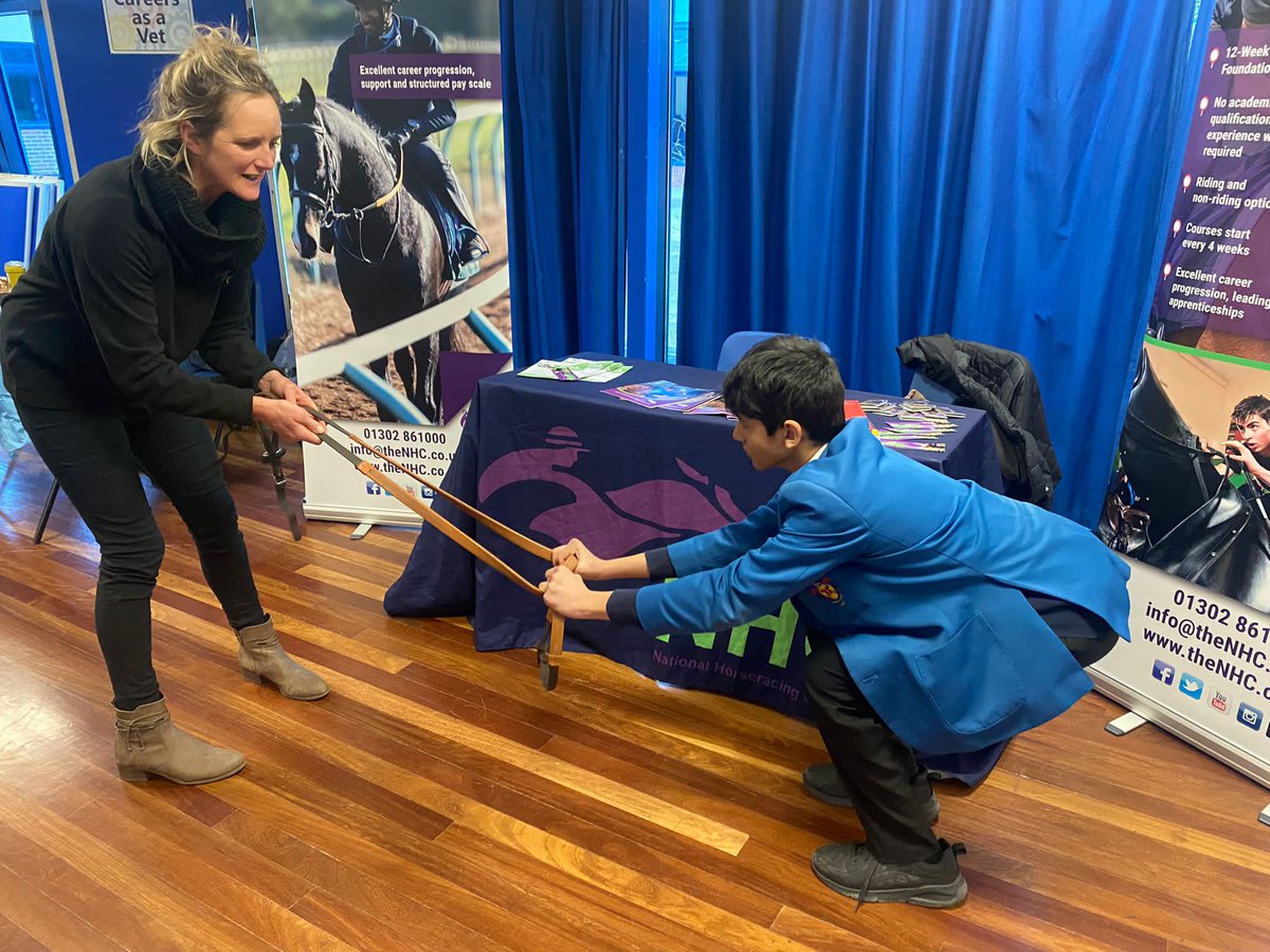 A great morning so far at <a href="/strsglos/">Sir Thomas Rich’s</a> in #Gloucester, meeting their students and showcasing the careers and training opportunities available in the #horseracing industry 🏇 

We also met a young pony racer who was keen to show us his jockey skills 💪 

📲 theNHC.co.uk