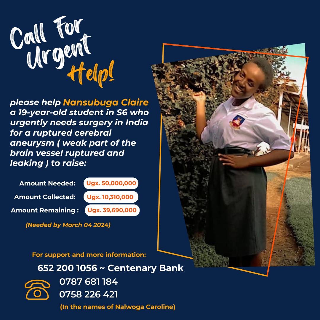 Urgent Appeal for Nansubuga Claire's Lifesaving Treatment
In the midst of dreams and aspirations, 19-year-old Nansubuga Claire faces a life-threatening battle. Former student of St. Peter's Naalya, Claire had to stop her education suddenly on May 16, 2023, because she had a burst