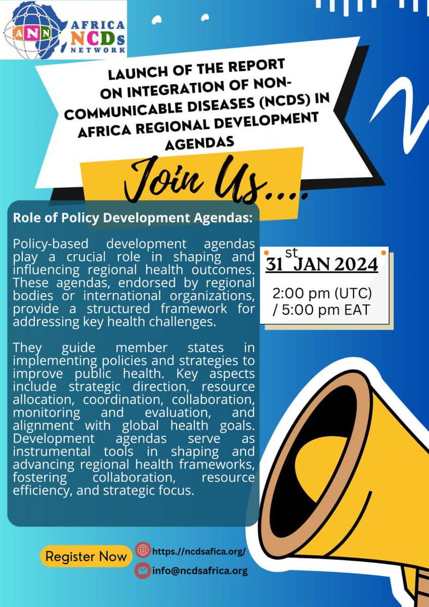 Join us tommorrow as we launch the report on Intergration of Non communicable diseases in Africa Regional Development Agendas January, 31st 2024  (2:00PM UTC) *To attend, please REGISTER via this link:* us02web.zoom.us/meeting/regist…