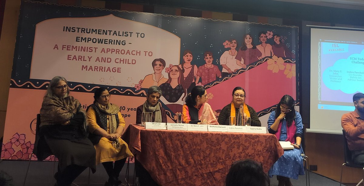 Our second panel is on contemporary issues, challenges and the way forward in the context of Early and Child Marriage. On the panel are Dr. Mary E. John, Indira Pancholi, Jameela Nishat, Bharti Ali and Sapna Kedia, moderated by Archana Dwivedi. @ajws #earlyandchildmarriage