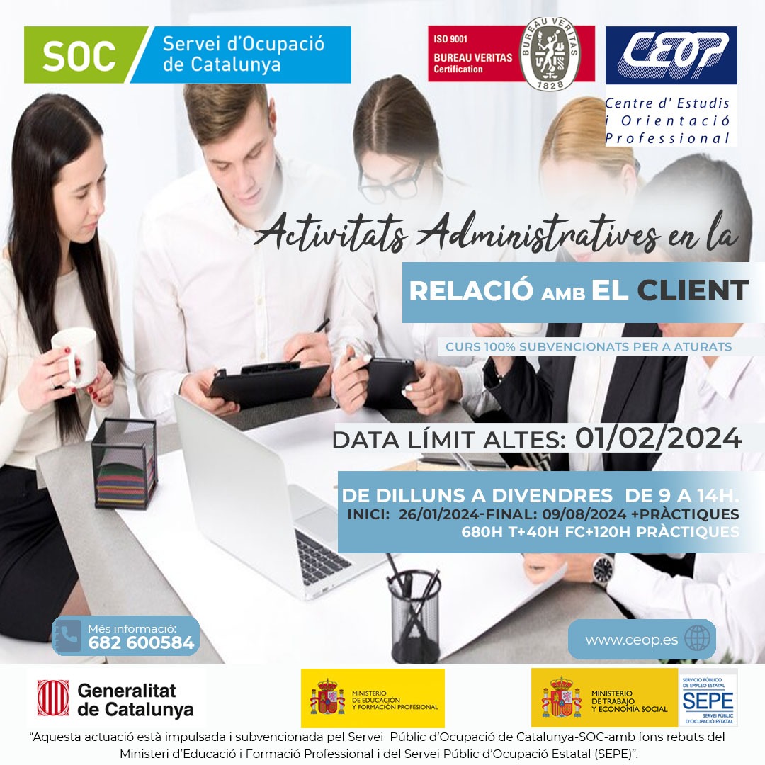 CEOPformacio's tweet photo. ACTIVITATS ADMINISTRATIVES EN RELACIÓ AMB EL CLIENT
#ceopformacio
682 60 05 84
➕ INFO a https://t.co/Mfw32bNhgF
#tarragona #administrativo #AuxiliarAdministrativo #treball #oportunidad #curso #formacion #tarragona #presencial
#curs #formació Generalitat de Catalunya https://t.co/TmiJLcayvf