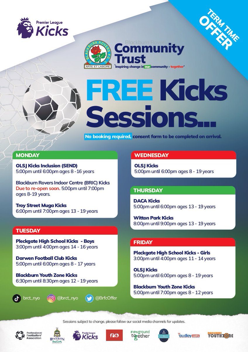 ⚽We are pleased to announce our latest weekly #PLKicks programme, take a look to see how you can get involved in our FREE sessions!

#BRCTInclusion #BRCTYouthEngagement #BRCTSportsParticipation | @PLCommunities