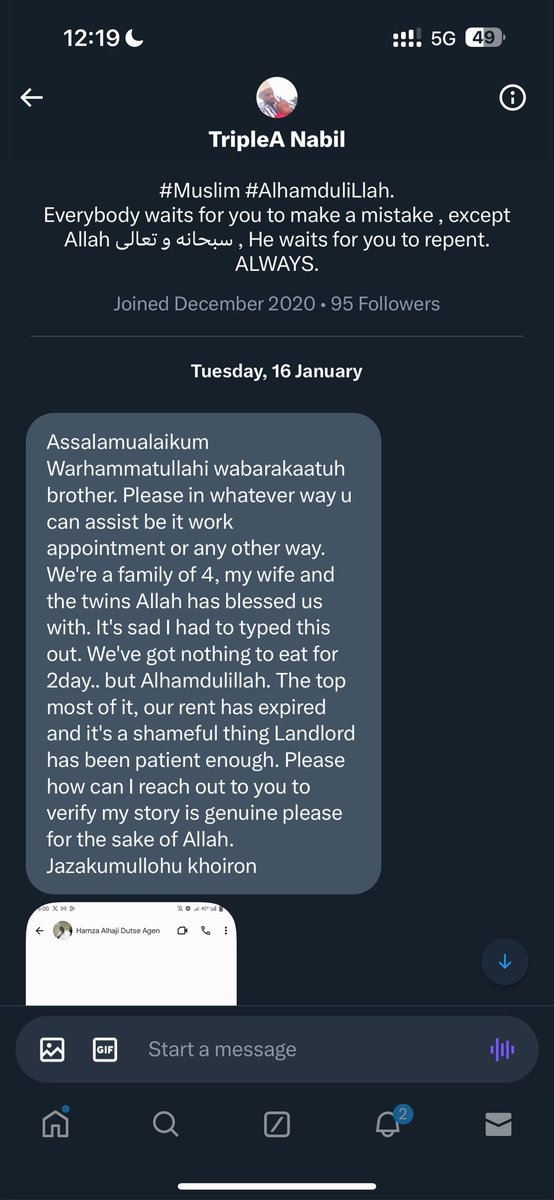 Waspapping_'s tweet photo. Salam, please, there is a married man in my DM whose wife gave birth to twins, &amp; they have nothing to eat.

For the sake of Allah, help the man with any amount you wish or repost for others to assist

Below are his details:

Account: 0221143550 GTB, Nabil Abdulazeez

08163014007 https://t.co/8LcCRAVBYK